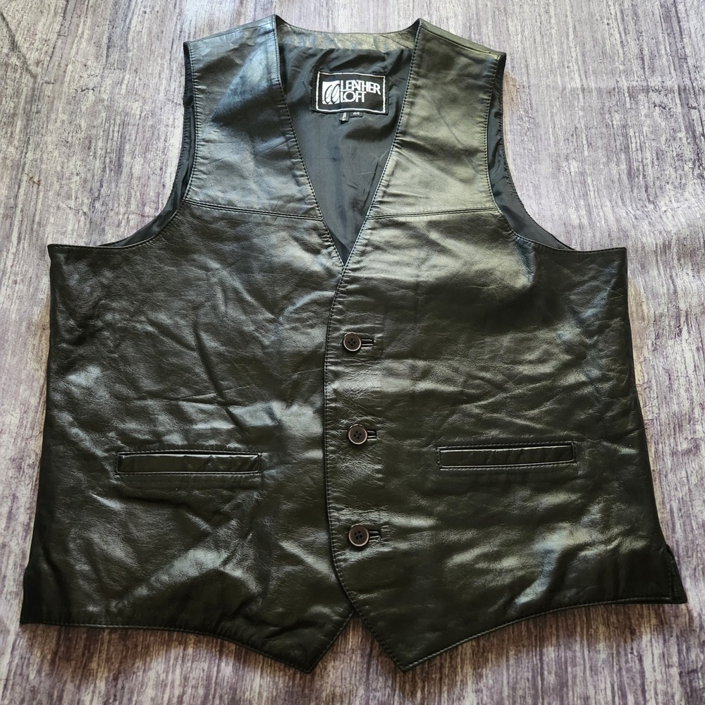 Leather Loft Black Leather Vest Mens Size 44 Button Up Sleeveless‎ Biker Style